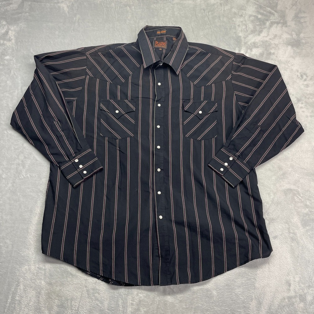 Plains Shirt Mens 2X Black Striped Western Long Sleeve Collar Pearl Snap Button